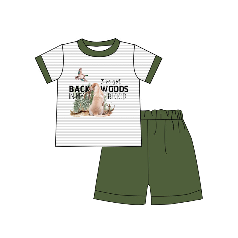 preorder BSSO0363 Hunting back woods dog mallard striped short sleeve green shorts boys set