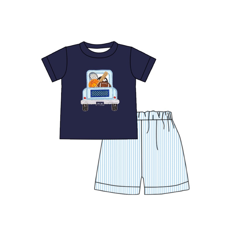 preorder BSSO0381 Play baseball football truck navy short sleeve blue striped shorts boys set