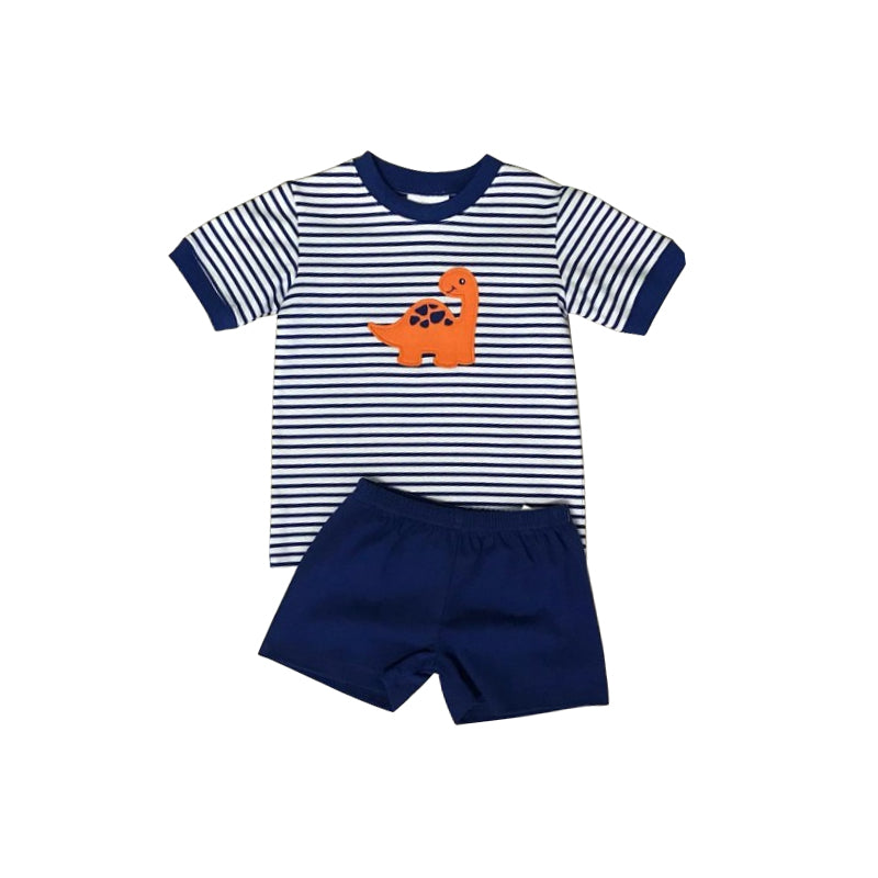 preorder BSSO0387 Cartoon dinosaur navy striped navy shorts boys set