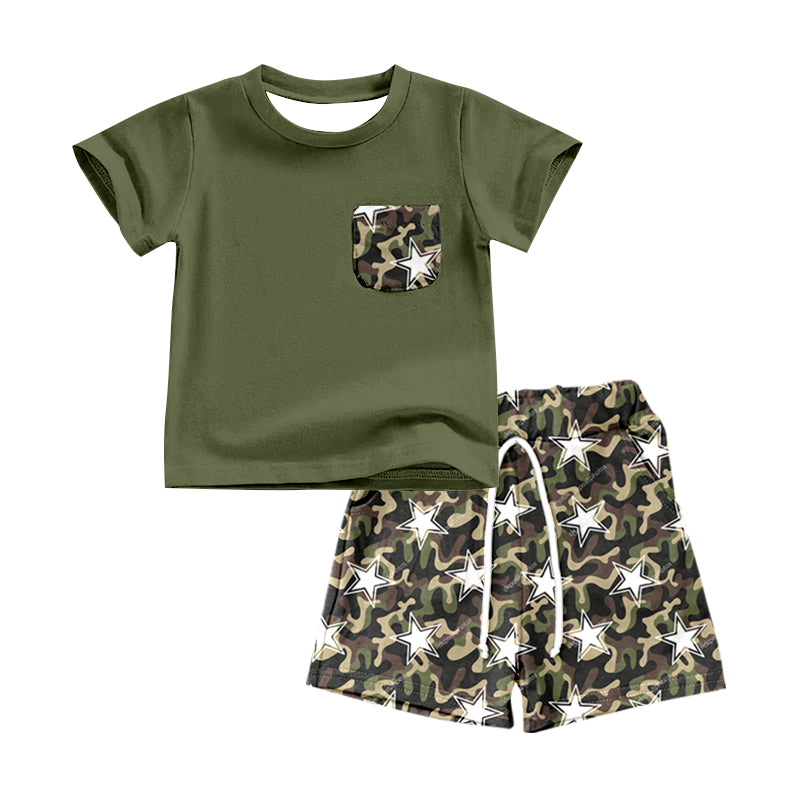 preorder BSSO0391 Star green pocket short sleeve camo shorts boys set