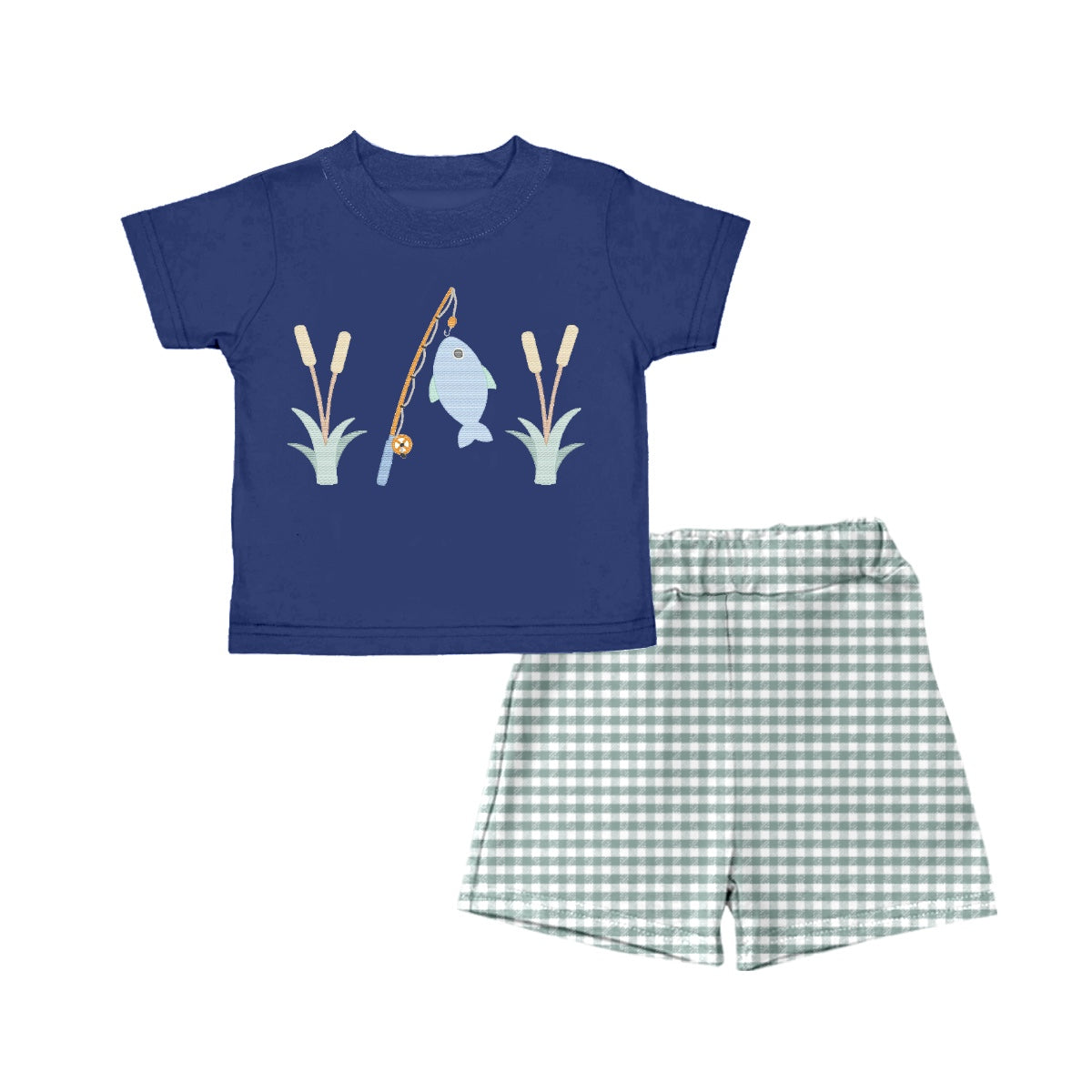 preorder BSSO0392 Hunting fishing navy short sleeve checkered shorts boys set