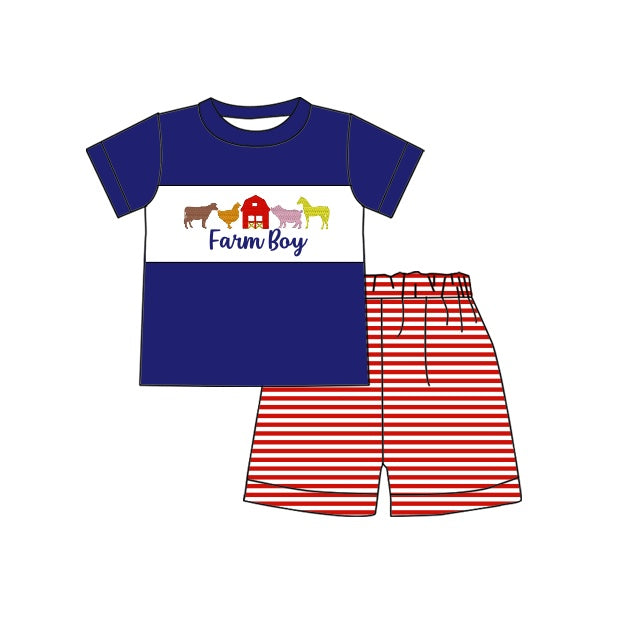 preorder BSSO0393 Farm boy horse pig animals blue short sleeve red striped shorts boys set