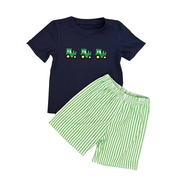 preorder BSSO0396 Farm tractor navy short sleeve green striped shorts boys set