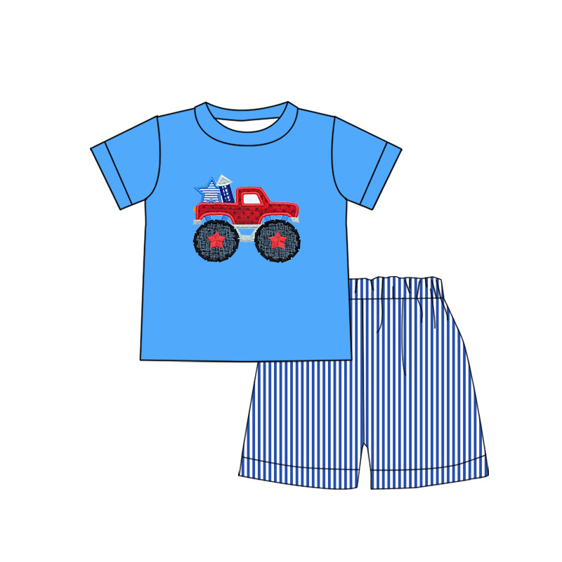 preorder BSSO0429 July 4th Truck Fireworks Blue Short Sleeve Checkered Shorts Boys Set