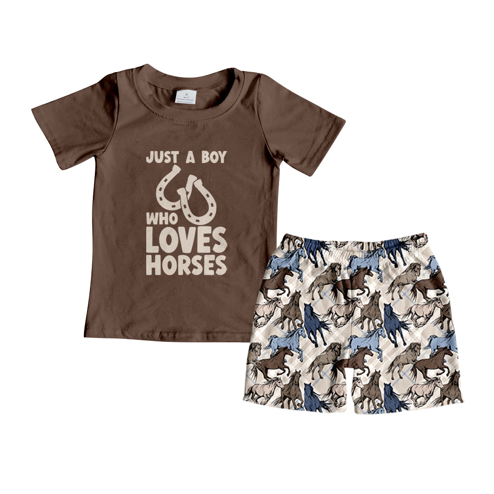 preorder BSSO0431 Just A Boy Who Loves Horses Brown Short Sleeve Horse Shorts Boys Set