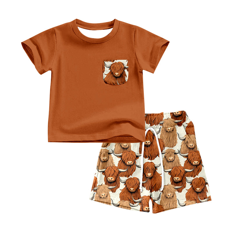 preorder BSSO0509 Highland Cow Brown Pocket Short Sleeve Shorts Boys Summer Set