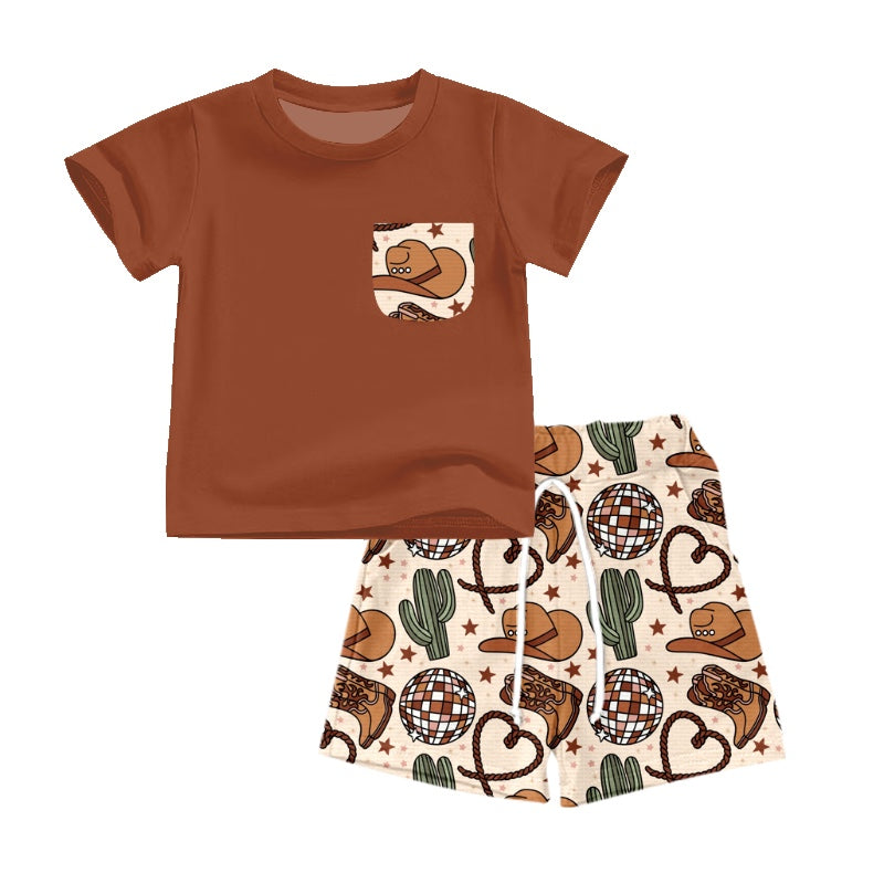 preorder BSSO0550 Western Brown Pocket Short Sleeve Hat Cactus Boot Shorts Boys Set