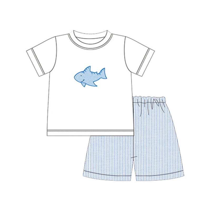 preorder BSSO0626 Shark white short sleeve blue striped shorts boys set