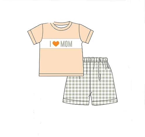 preorder BSSO0646 I love Mon orange short sleeve green checkered shorts boys set