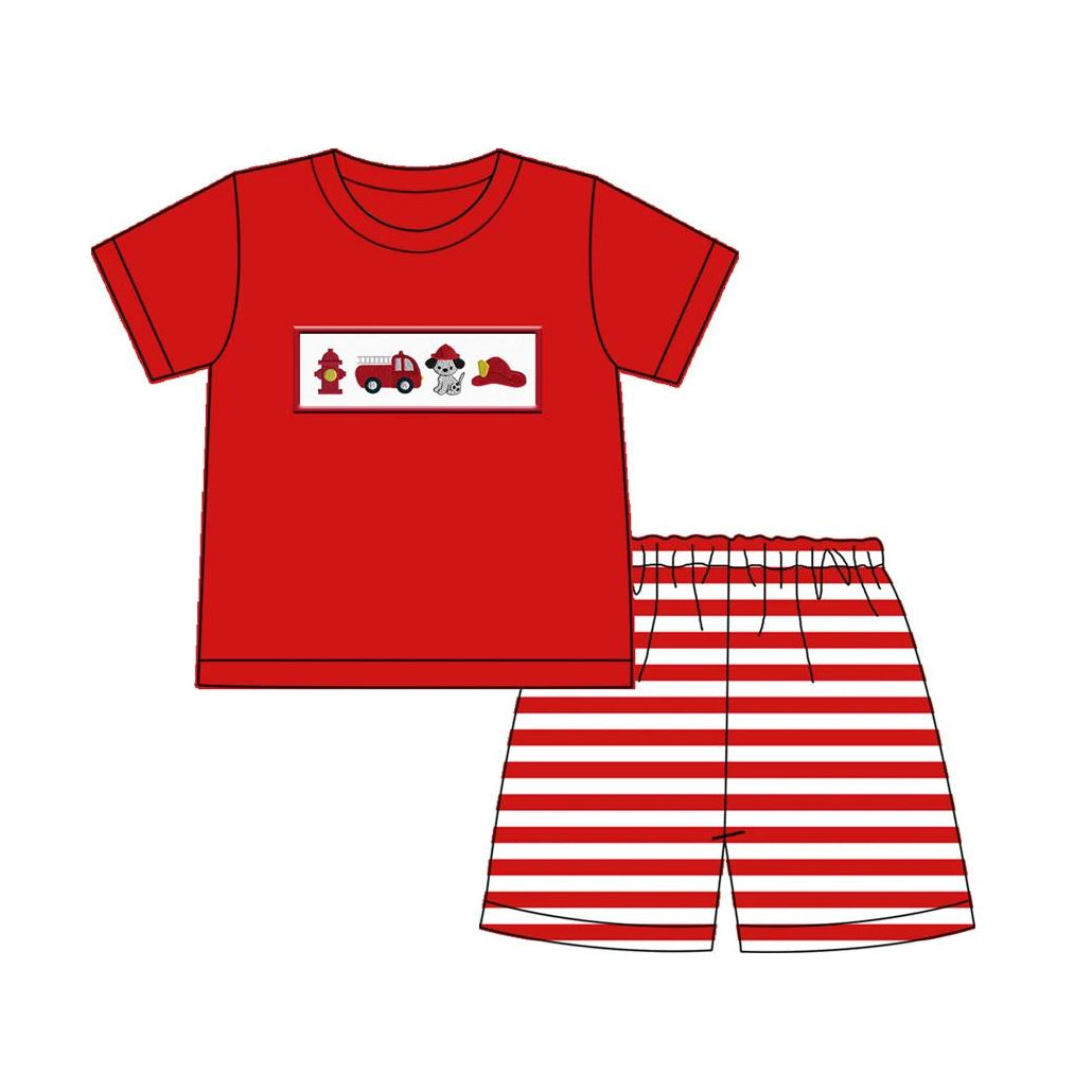 preorder BSSO0650 Fire truck dog red short sleeve red striped shorts boys set