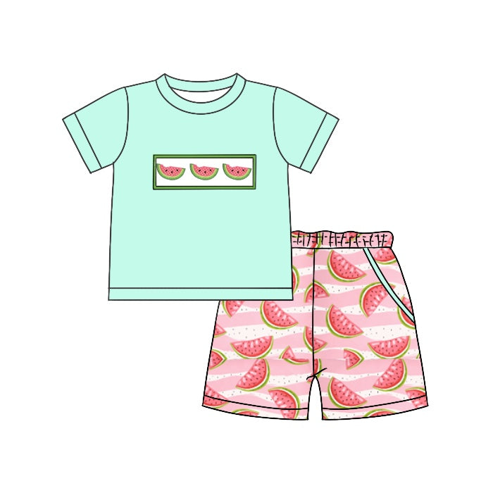 preorder BSSO0656 Watermelon cyan short sleeve pink pockets shorts boys set
