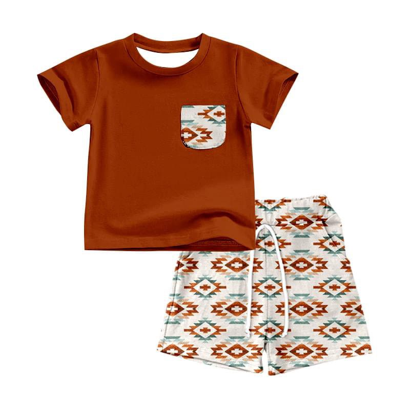 preorder BSSO0677 Western Aztec brown pocket short sleeve shorts boys set