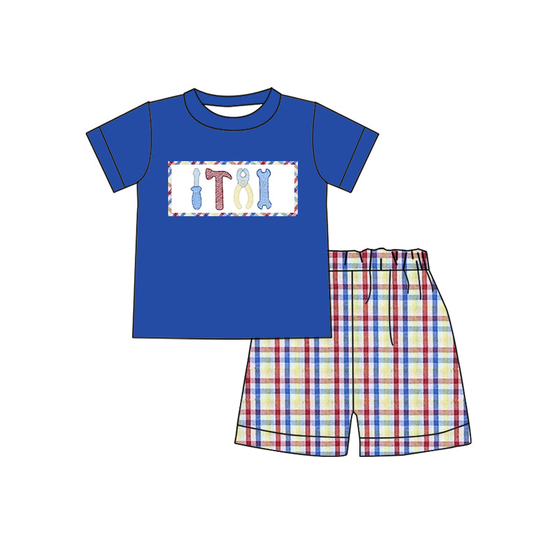 preorder BSSO0708 Cartoon tool navy blue short sleeve red blue striped shorts boys set