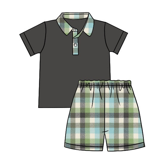 preorder BSSO0715 dark grey short sleeve green grey striped shorts boys set