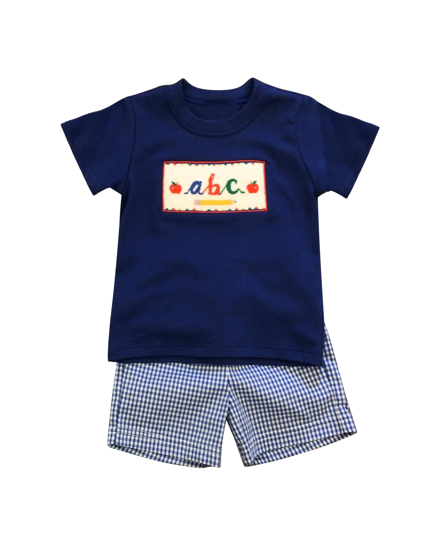 custom moq3 back to school abc apple navy blue short sleeve blue checkered shorts boys set