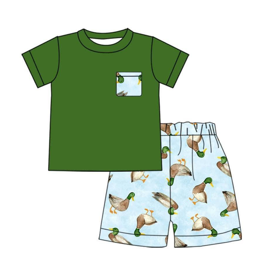 preorder BSSO0733 mallard duck green pocket short sleeve shorts boys set