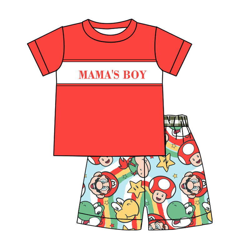 preorder BSSO0737 mama's boy red short sleeve super cartoon rainbow shorts boys set