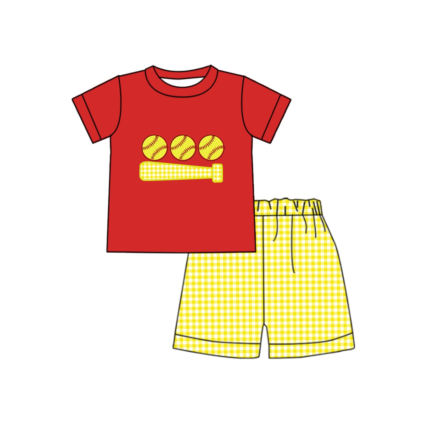 preorder BSSO0749 softball red short sleeve yellow checkered shorts boys set