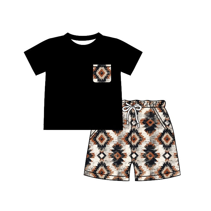 preorder BSSO0756 Western Aztec black pocket short sleeve shorts boys set