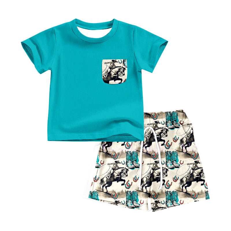 preorder BSSO0763 Western rodeo blue pocket short sleeve shorts boys set