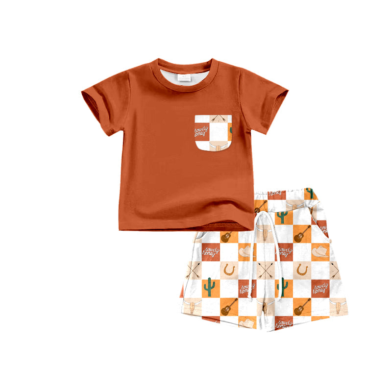 preorder BSSO0769 Western country brown pocket short sleeve guitar hat shorts boys set