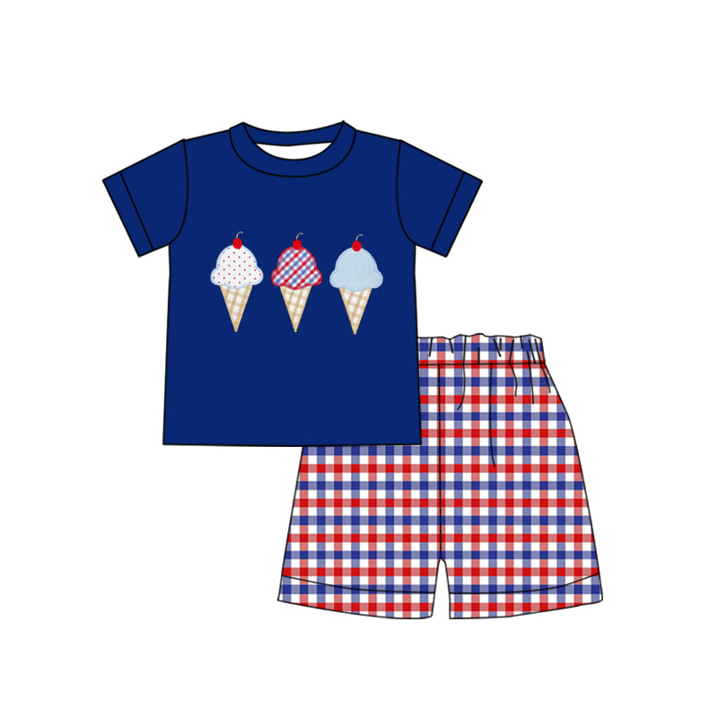preorder BSSO0812 July 4th ice navy short sleeve red blue checkered shorts boys set