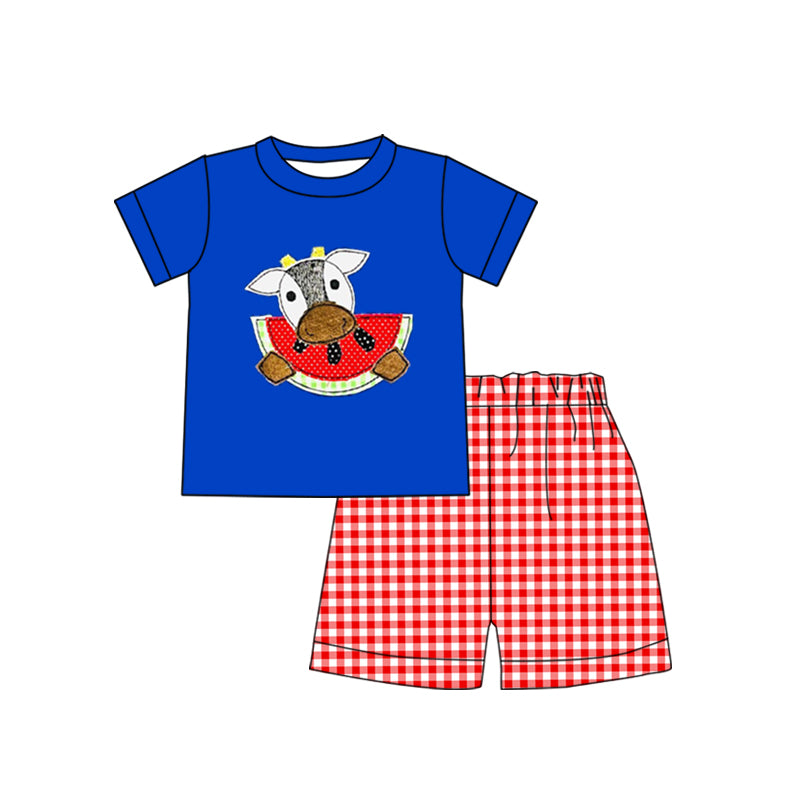 preorder BSSO0814 cow watermelon blue short sleeve red checkered shorts boys set