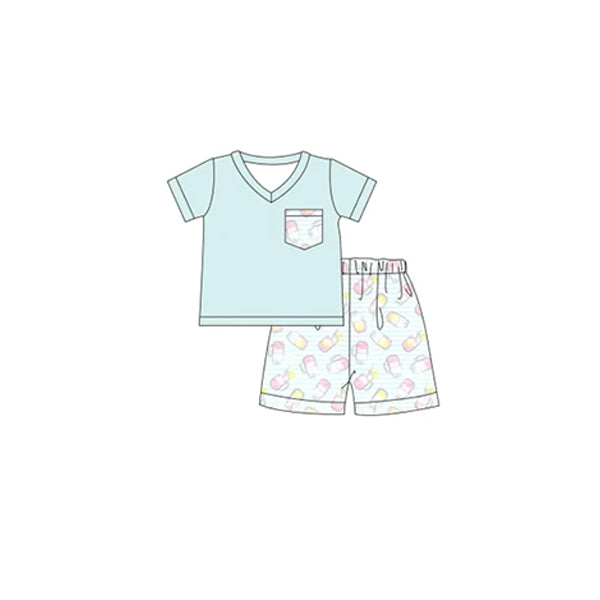 preorder BSSO0827 cartoon cup sky blue pocket short sleeve shorts boys set