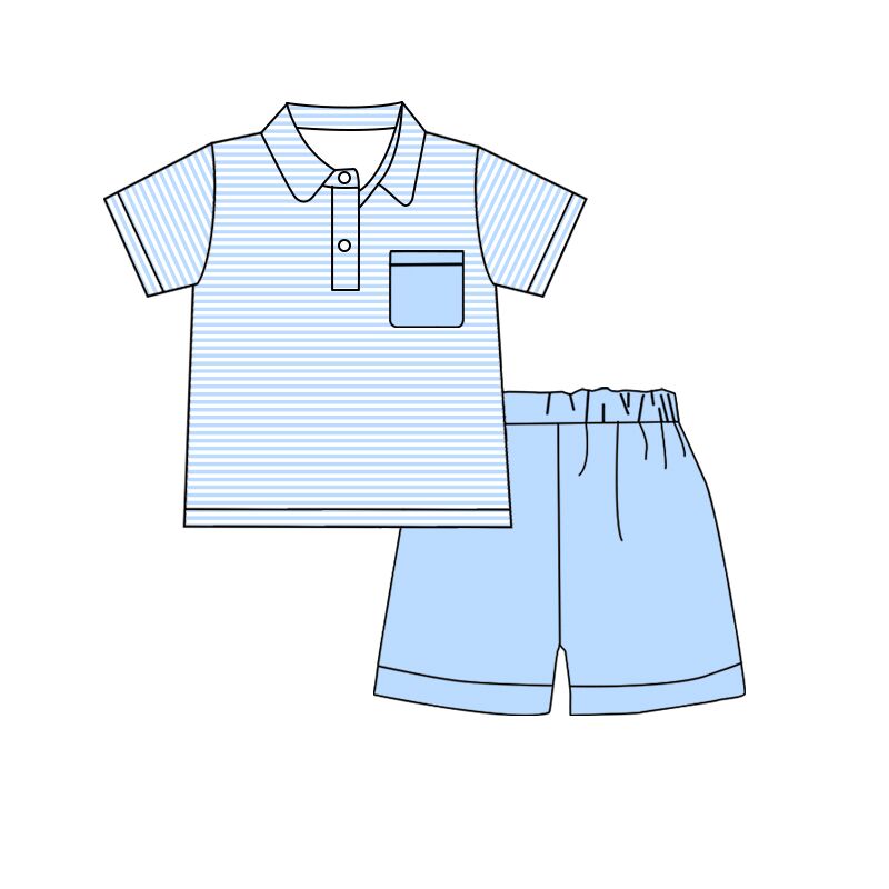 preorder BSSO0891 blue striped pocket short sleeve blue shorts boys set
