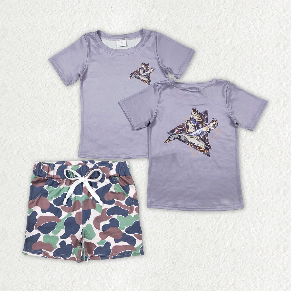 BSSO0901 mallard duck short sleeve green camo shorts boys set