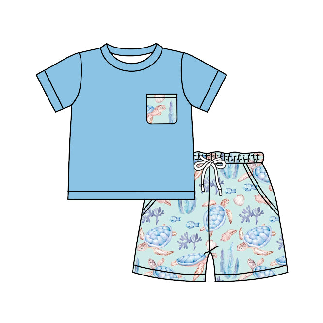 preorder BSSO0905 Sea turtle blue pocket short sleeve shorts boys set