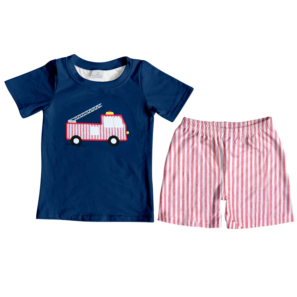preorder BSSO0929 firetruck navy blue short sleeve red striped shorts boys set