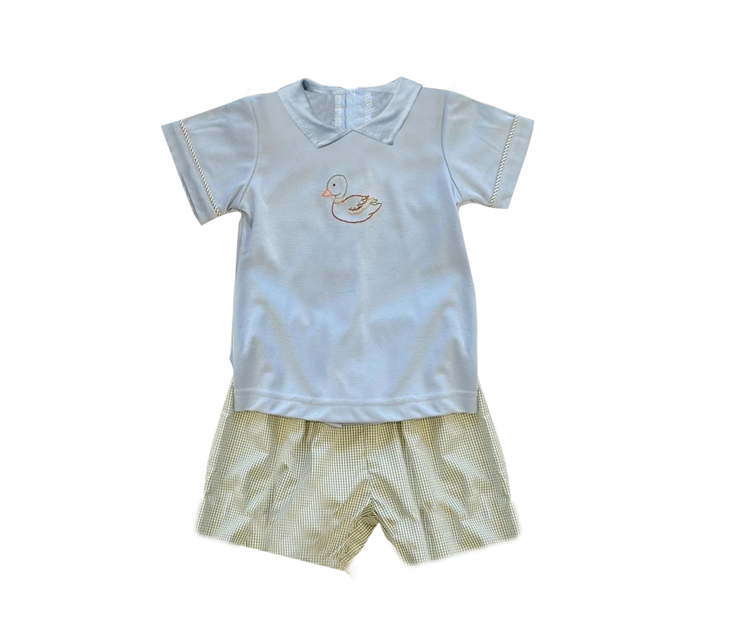 preorder BSSO0931 cute little duck light blue short sleeve light green checkered shorts boys set
