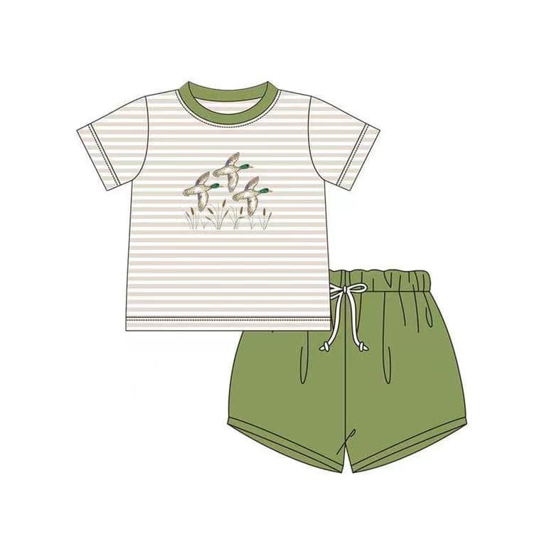 preorder BSSO0941 mallard duck khaki striped short sleeve green shorts boys set