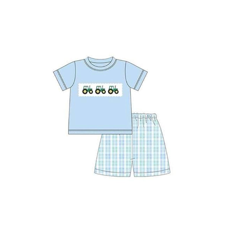 preorder BSSO0946 farm tractor blue short sleeve blue checkered shorts boys set
