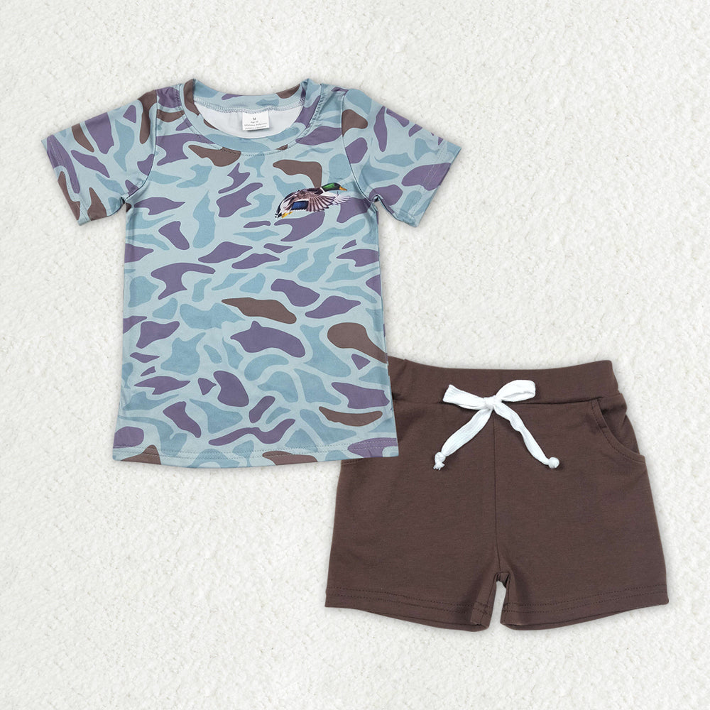 BSSO0950 mallard duck camo short sbeeve brown shorts boys set