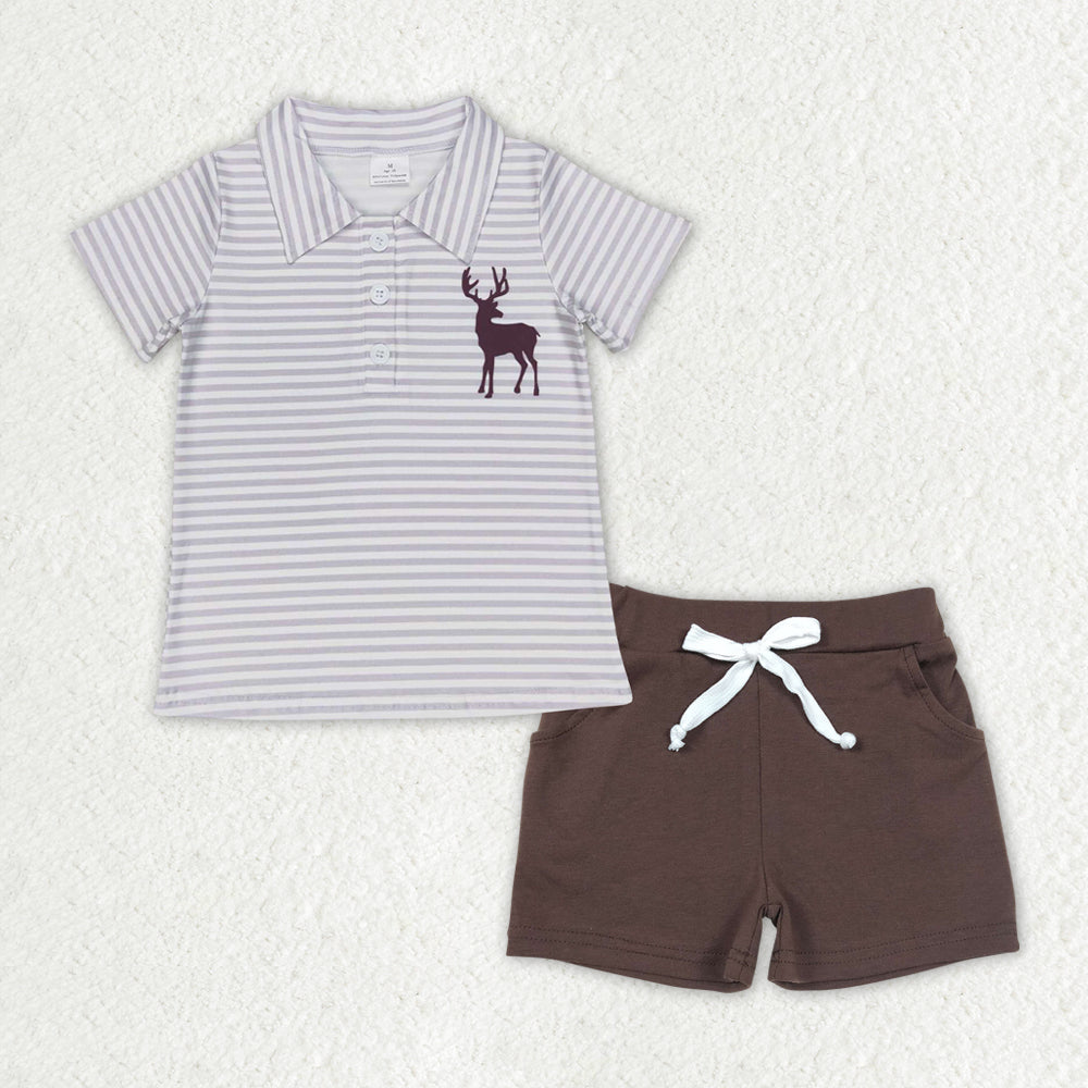 BSSO0951 hunting deer striped short sleeve brown shorts boys set