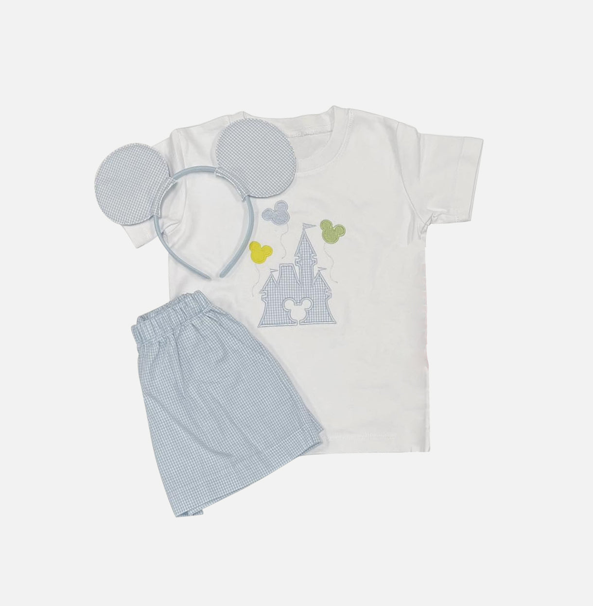 preorder BSSO0956 cartoon M mouse castle short sleeve blue checkered shorts boys set