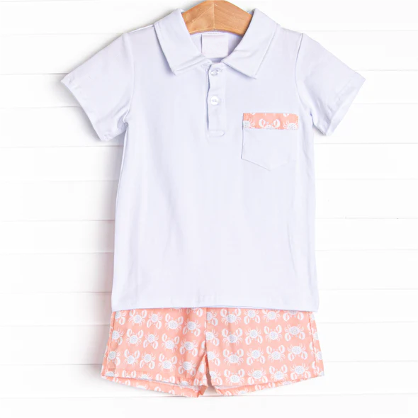 preorder BSSO0958 white pocket short sleeve pink crab shorts boys set