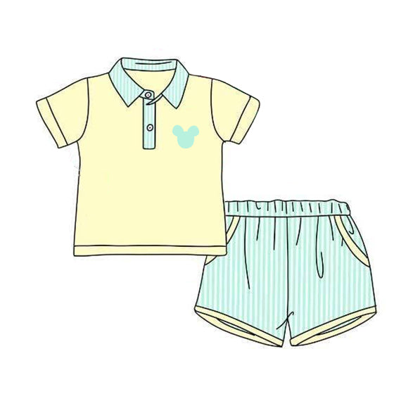 preorder BSSO0961 cartoon M mouse yellow short sleeve green striped shorts boys set
