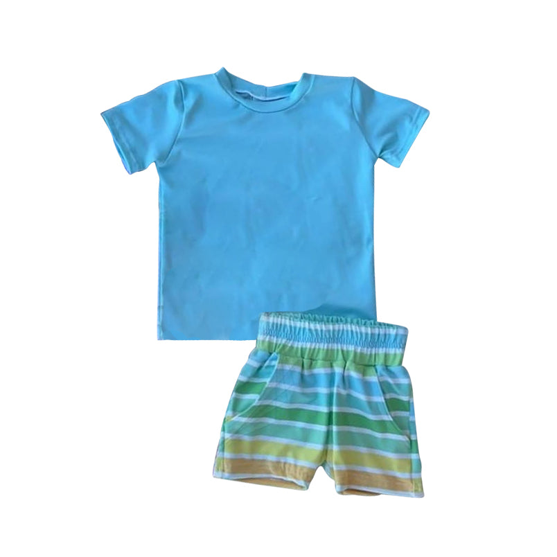 preorder BSSO0967 blue short sleeve colorful striped shorts boys set