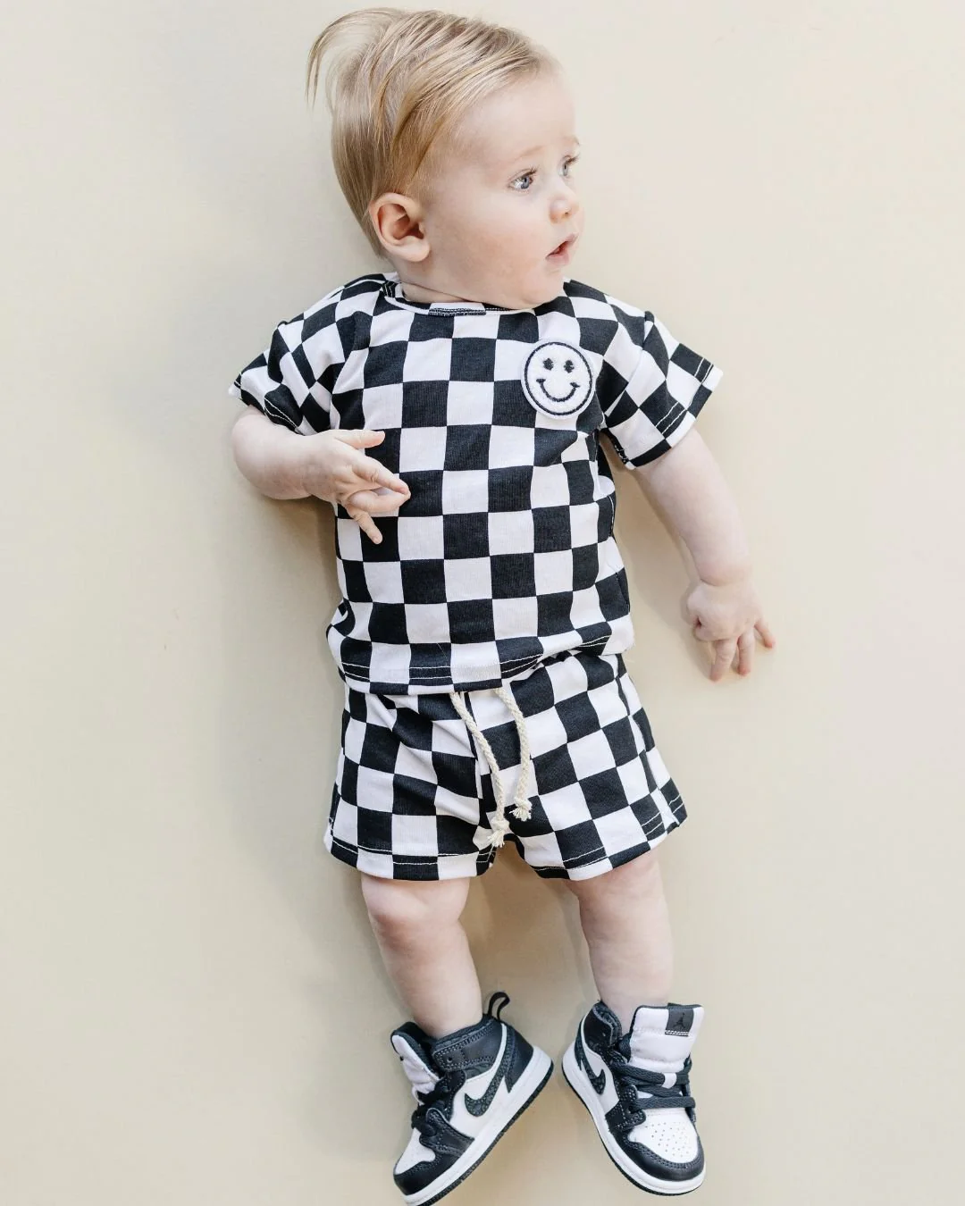 preorder BSSO0973 smile black checkered short sleeve shorts boys cute set