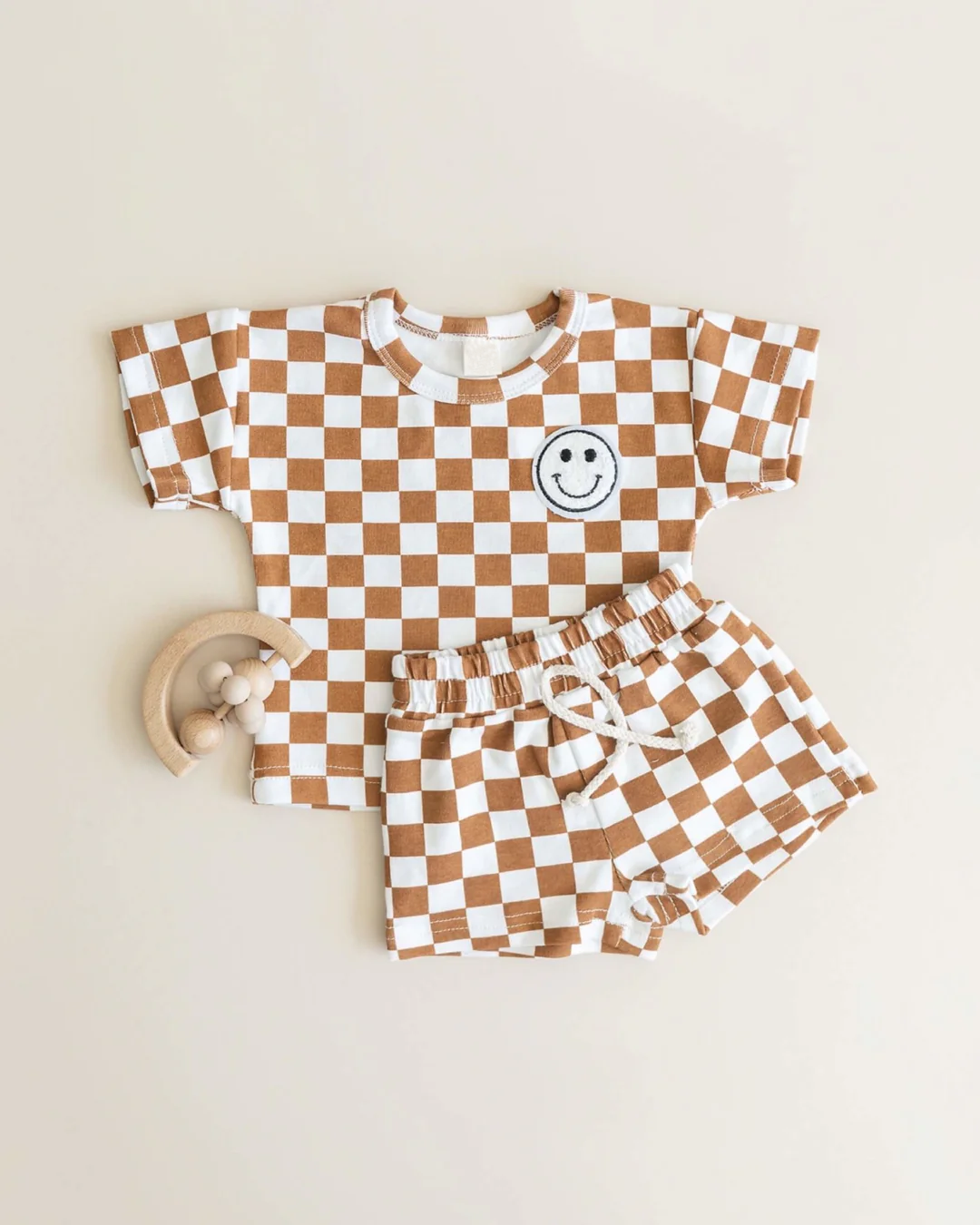preorder BSSO0976 smile brown checkered short sleeve shorts boys set