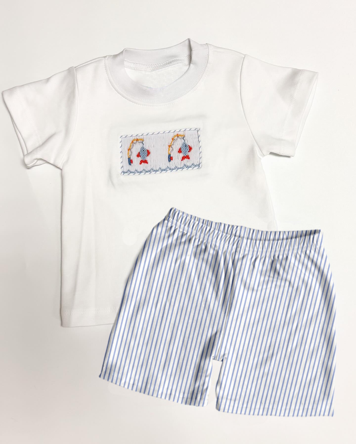 preorder BSSO0982 fishing white short sleeve blue striped shorts boys set