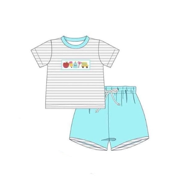 preorder BSSO0990 back to school apple pen bus short sleeve sky blue shorts boys set