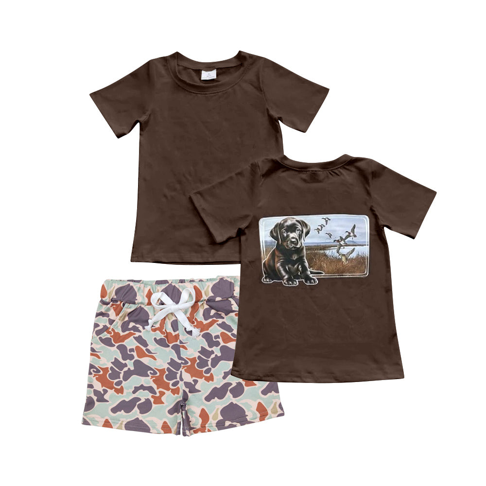 preorder BSSO1018 hunting mallard duck dog brown short sleeve camo duck camo shorts boys set