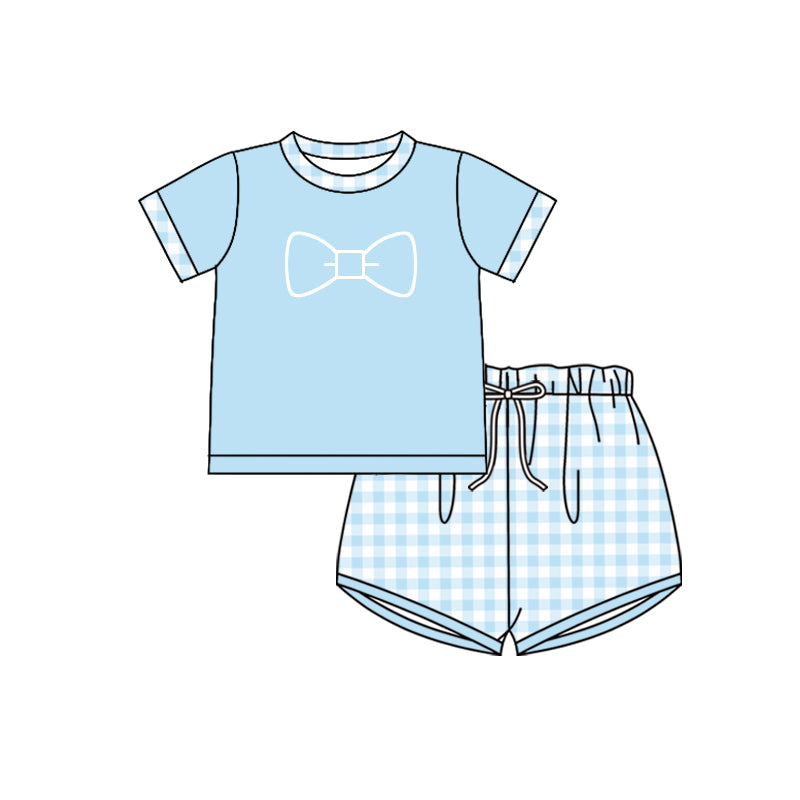 preorder BSSO1024 bow blue short sleeve checkered shorts boys set