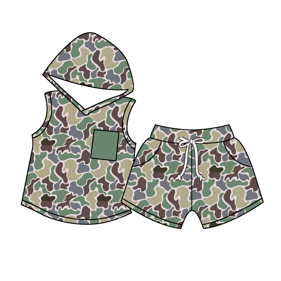 Preorder BSSO1031 hunting season duck camo pocket sleeveless hoodie shorts boys set