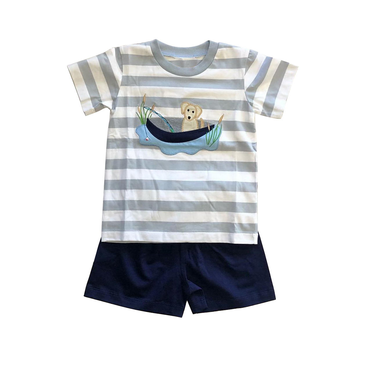 preorder BSSO1043 hunting season dog fishing striped short sleeve navy blue shorts boys set