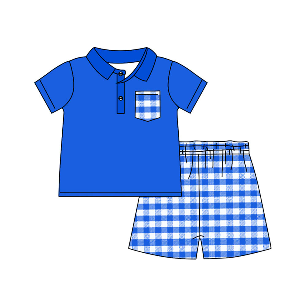 preorder BSSO1057 blue pocket short sleeve blue checkered shorts boys set